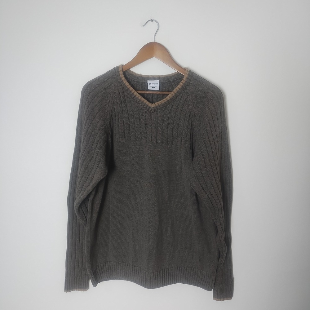Columbia Cotton V-Neck Sweater Mens Large Brown Ribbed Knit Gorpcore Earthy